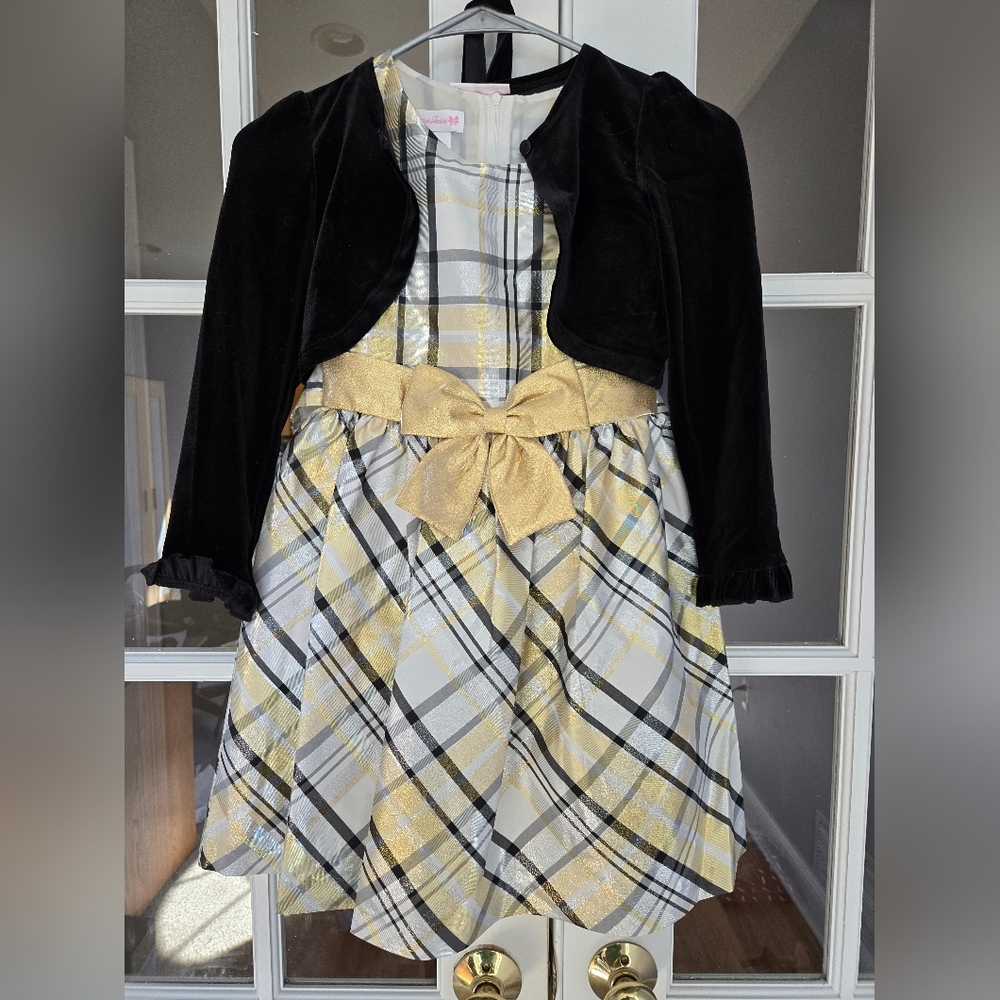 Girls Plaid Dress with Black Jacket & Gold Bow Size 8